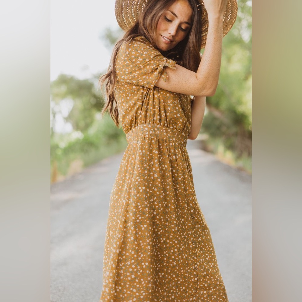 Piper & Scoot Floral Mustard Midi Button Up V Neck Dress